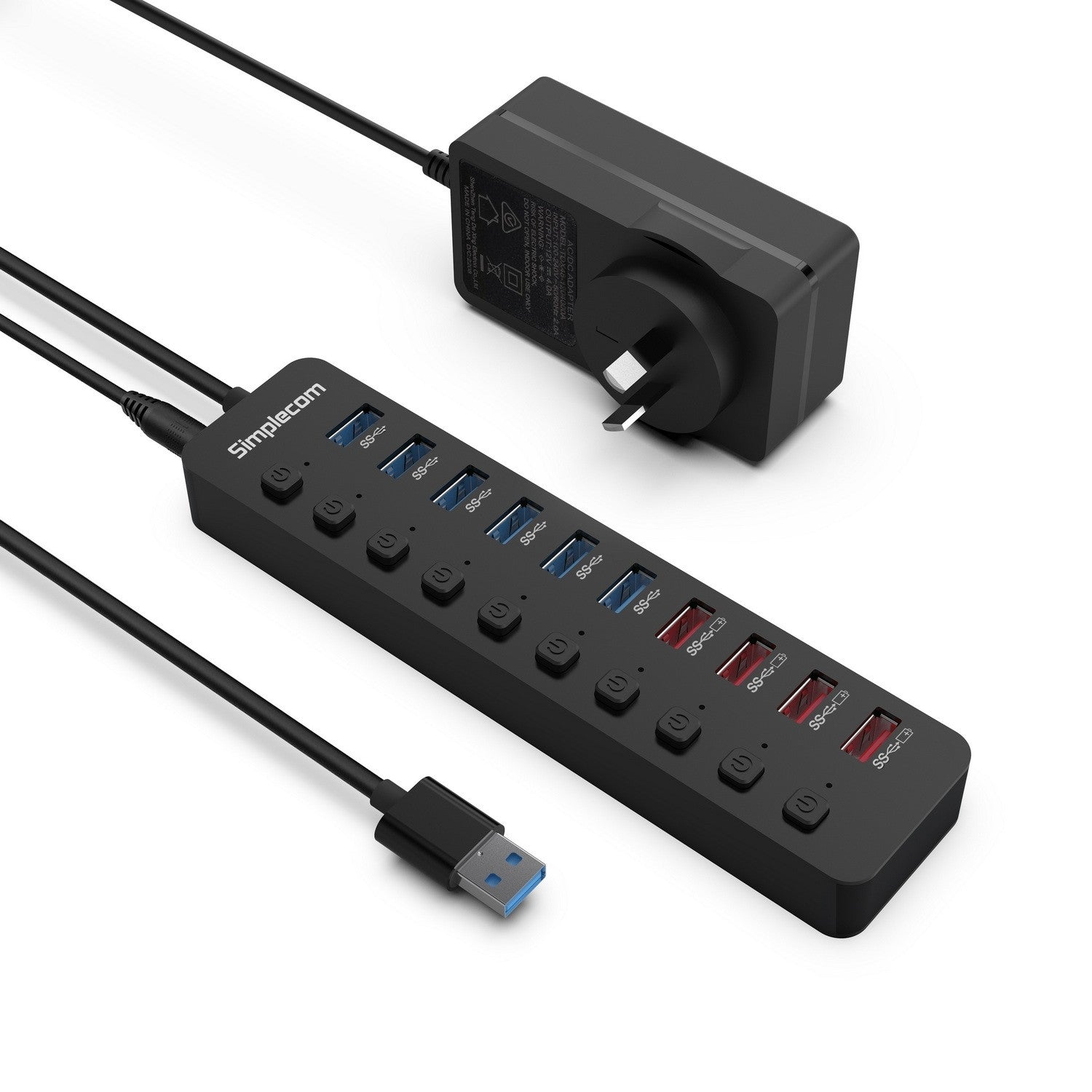 Simplecom CHU810 48W 10-Port USB 3.0 Hub and Charger with Individual Switches 12V/4A Power Adapter BC1.2 Fast Charging Simplecom CHU810 48W 10-Port USB 3.0 Hub and Charger with Individual Switches 12V/4A Power Adapter BC1.2 Fast Charging